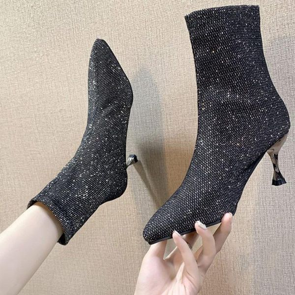 

women's autumn ankle boots woman sock boots stretch fabric thin heels slip on ladies fashion shoes pointed toe female footwear, Black