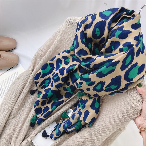 

new women autumn cotton viscose tassel scarf turquoise leopard dot spain style wrap pashminas stole muslim hijab sjaal 180*100cm y201007, Blue;gray