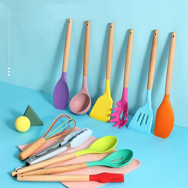 

12 piece colorful silicone kitchenware set non stick pan cooking spatula spoon wooden handle box high temperature resistance wmtkfu