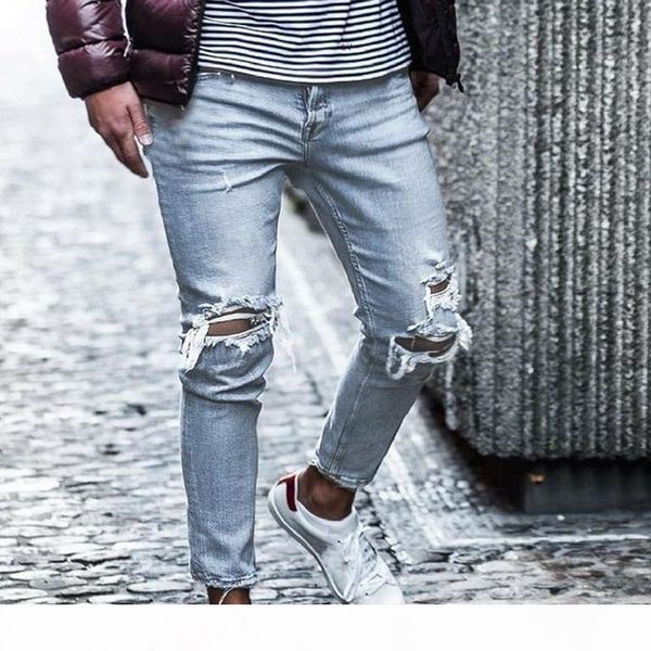 

vertvie men ripped jeans casual skinny jean destroyed hole slim fit denim pants male ankle elastic denim jean trouser streetwear, Blue