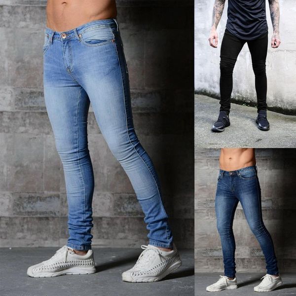 

men's stretchy slim fit denim pants casual long straight trousers skinny jeans1, Black