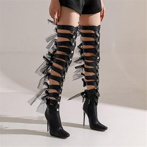 

pxelena designer rome gladiator over the knee boots women stiletto high heels hollow out nightclub pole dance catwalk shoes, Black