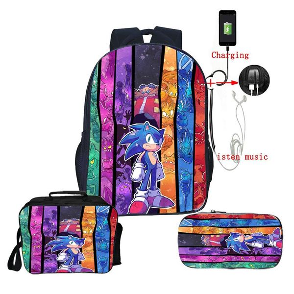 

cartoon mochila mario sonic usb charge backpack 3pcs/sets school bags for teenage girls lunch tote pencil case travel backpack