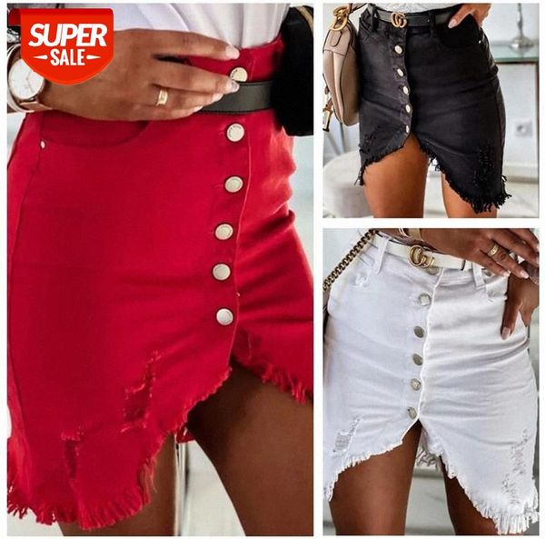 

women casual denim single-breasted skirt brushed decoration irregular hem summer sheath slim wrapped hip mini skirt #lb0z, White;black