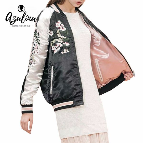 

wholesale- azulina reversible coat pink embroidery bomber jacket women autumn spring flower baseball short jackets female black overcoat, Black;brown
