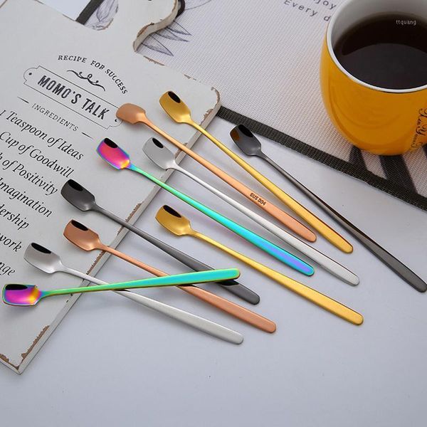 

5 colors stainless steel square shaped spoon with long handle ice coffee milk spoon home kitchen tableware stirring scoop1