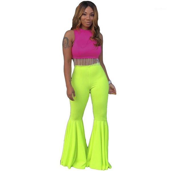 

2020 neon green women two piece set and pants suit elegant tassel crop flare pants set club 2 piece matching summer sets1, White