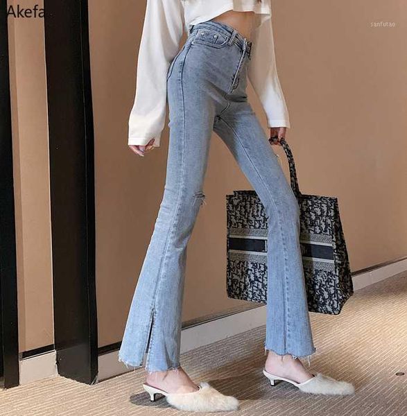 

korean version of the new autumn washed side slit was thin straight pants mop jeans1, Blue