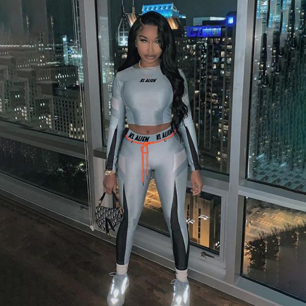 

high elastic letter print fitness tracksuit woman 2 piece set skinny long sleeves crop slim leggings sportswear suit, Gray