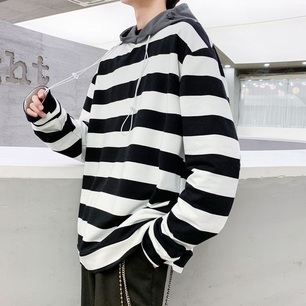 

spring 2021 new men's hoodies fashion striped around the neck jacket clothes loose in wild blue 90cm, Black