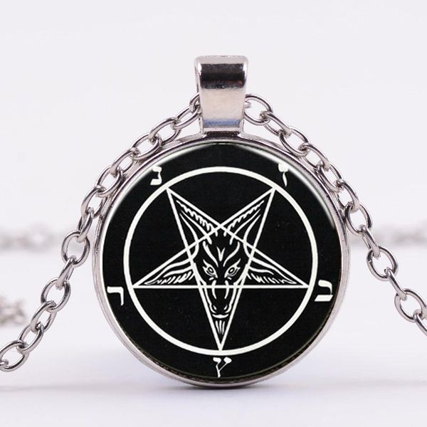 

red goat head bronze pentagram necklace glass cabochon pendants punk 4 colors long chain satanism gothic jewelry for men, Silver
