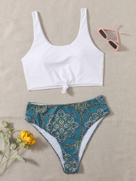 

plus paisley print knot front bikini swimsuit d5l9#, Black