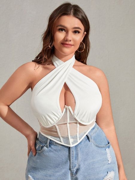 

plus crossover contrast mesh backless bustier halter 90mn#, Black