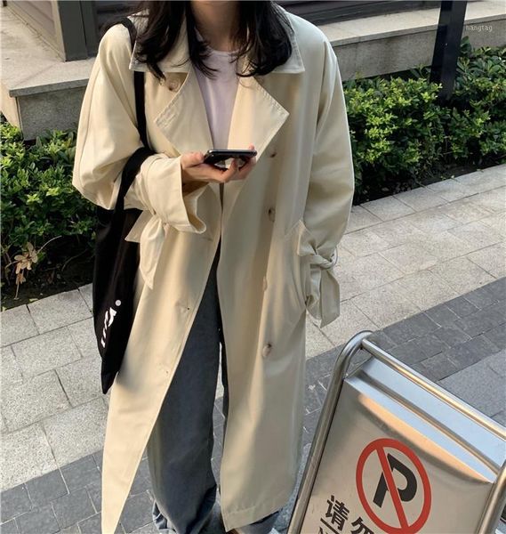 

loose mid-length thin long knee-length coat korean version of the casual trend retro wild trench coat casacos feminino1, Tan;black