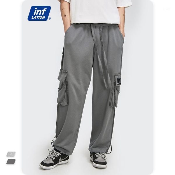 

inflation comfy solid color sweatpant men 2021 fashion multi pocket drawstring grey sweatpant men loose fit casual pant 3632s211, Black