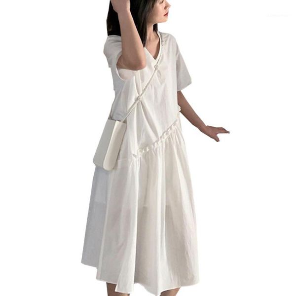 

plus size loose pregnant dresses for maternity women korean fashion midi pleated patchwork dress summer pregnancy clothes white1, White