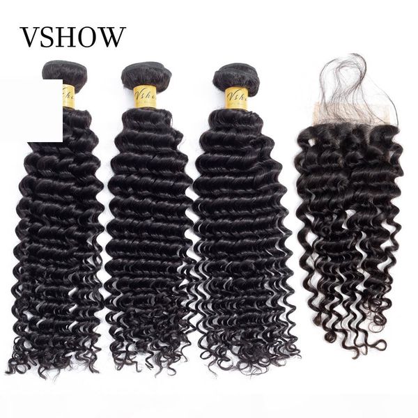 

brazilian deep wave bundles with closure 4*4 part lace 3 bundles with closure vshow remy human hair bundles with closure, Black