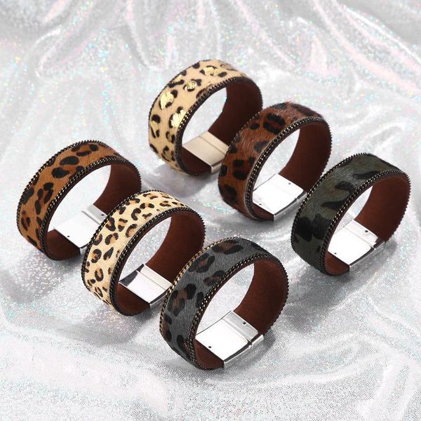 

2.2cm animal print horsehair leather bracelets for women 2020 fashion leopard wide wrap bracelet female jewelry gifts1, Golden;silver