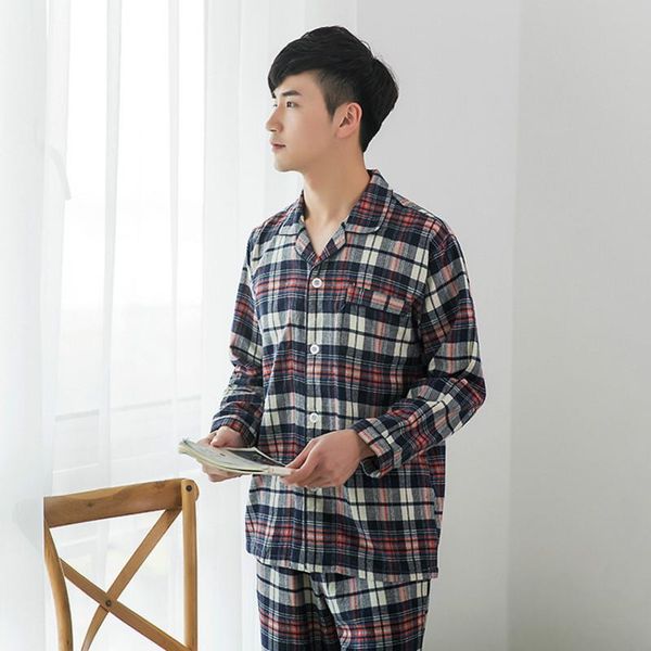 

spring men cotton pajamas double-sided flannel plaid sleepwear classic casual lapel home wear plus size night pijamas 2pcs suit, Black;brown