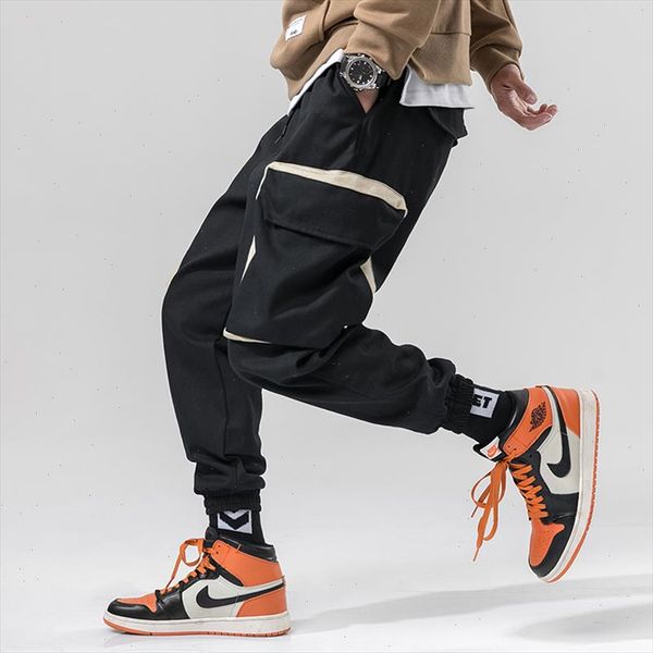 

2021 spring streetwear harem jogger pants men big pockets cotton casual men trousers ankle length fashion mens cargo pants, Black