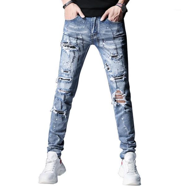 

street mens high fashion blue slim fit destroyed ripped men broken pants paint rhinestones diamond hip hop jeans1