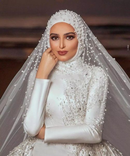 Müslüman İnciler Denizkızı Deniz Kızı Gelinlik Boncuklu Yüksek Boyun Uzun Kollu Gelin Elbiseler Arapça Aso Ebi Kadın Saten V205U