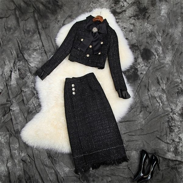 

2019 fall autumn long sleeve turn-down collar pure color tweed ribbon bow jacket + panelled mid-calf skirt two piece 2 pieces set o06t10214, White