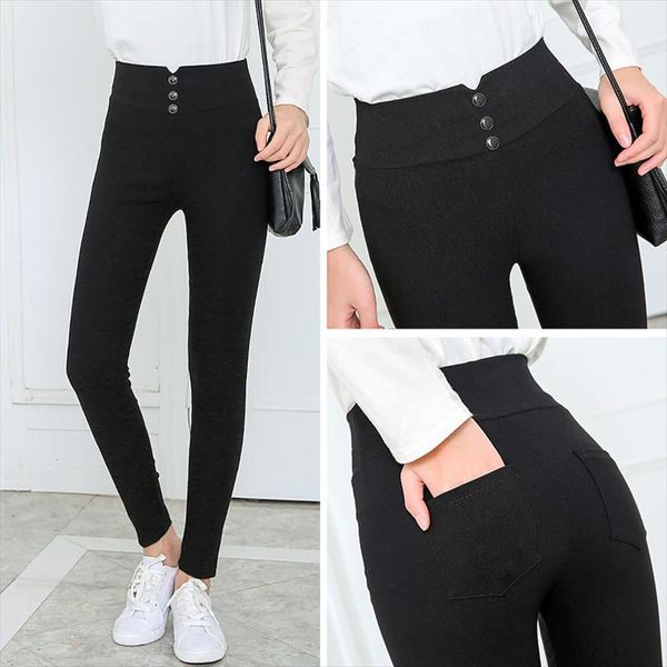 

black trousers pants pencil womens spring fall button pocke pant women slim ladies jean trousers female high waist pant, Black;white