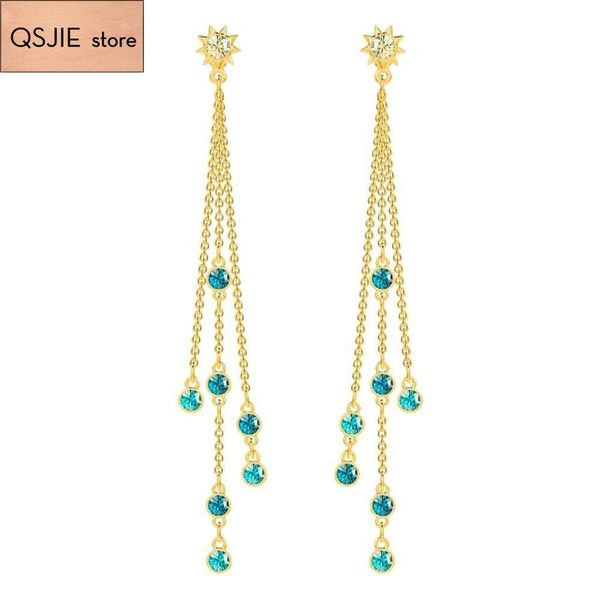 

qsjie swa new sparkling tassel with blue crystal earrings and a noble ear stud earrings charming fashion jewelry, Golden;silver