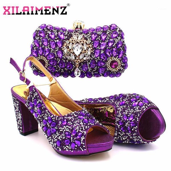 

leisure style italian design african women shoes and bag set in purple color decorate with rhinestone sandals with platform1, Black