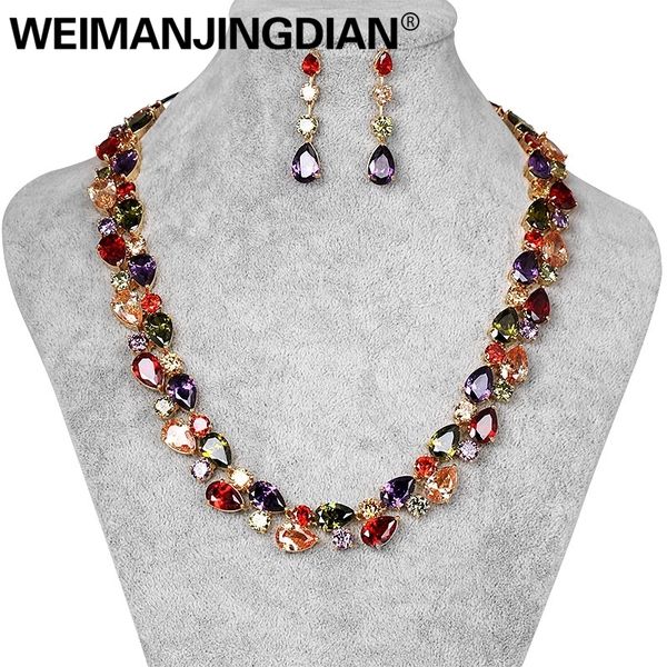 

beautiful colorful cubic zirconia crystal mona lisa style necklace and earrings jewelry set in gold color plated 201222, Slivery;crystal