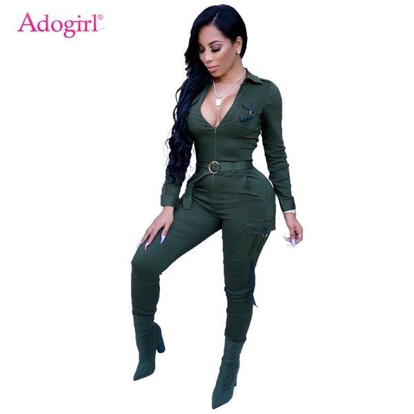 

adogirl women pockets sporting jumpsuit zipper turn down collar long sleeve casual romper skinny pants tracksuit overalls belt y200422, Black;white
