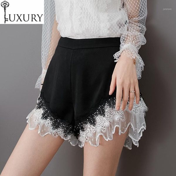 

summer 2021 vintage women crystal beading white lace patchwork casual club shorts ladies1, White;black
