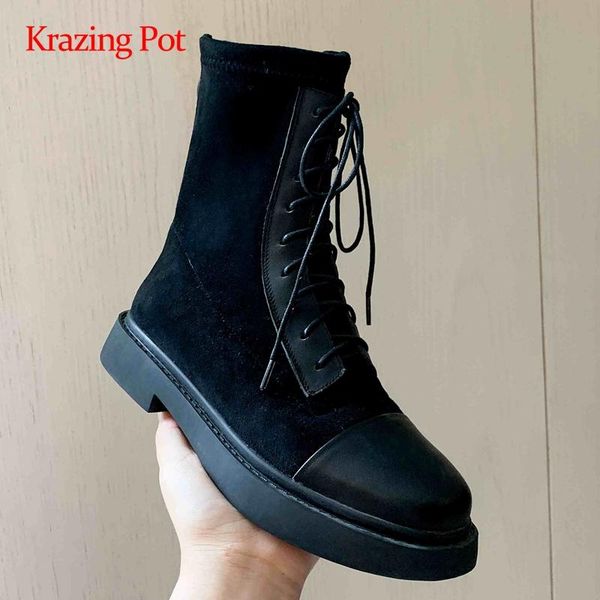 

krazing pot new arrival genuine leather cross-tied round toe thick low heel zipper young lady noble ankle boots l93, Black