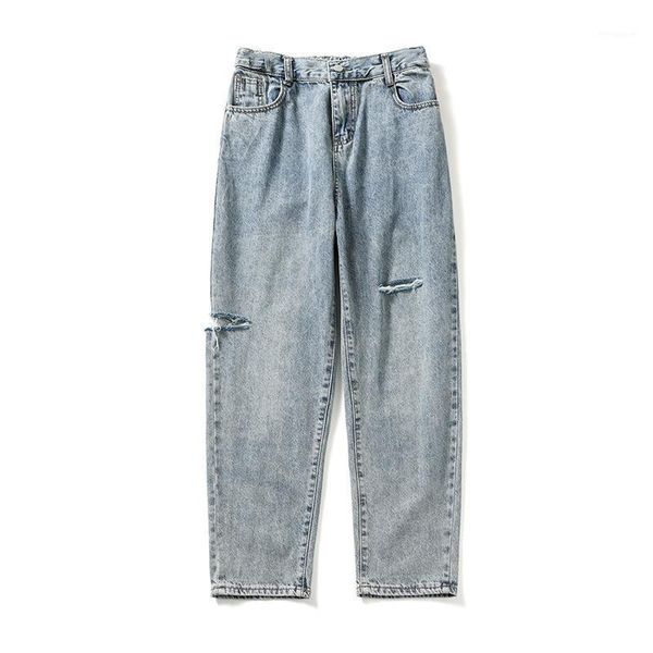 

spring and summer thin 2020 teenagers street bf hong kong wind ripped jeans men korean cut hole loose straight wild beggar pants1, Blue