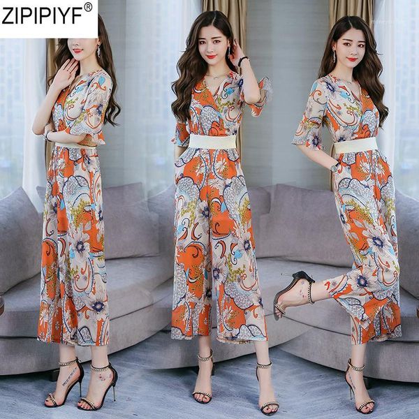 

2018 new fashion summer women floral print v-neck short sleeve blouse + ankle-l wide length pants 2 piece trousers set c14081, White