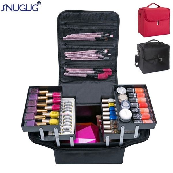 

women professional makeup organizer storage case large capacity shoulder cosmetic bag multilayer tool box bolso mujer suitcase y200714, Blue;pink