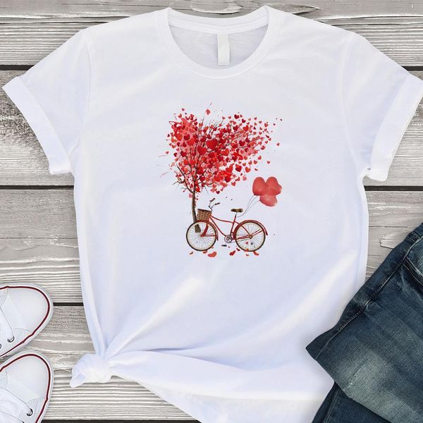 

kawaii heart bicycle short sleeve t-shirt women casual vintage graphic clothes female tee summer girl love t shirts, White