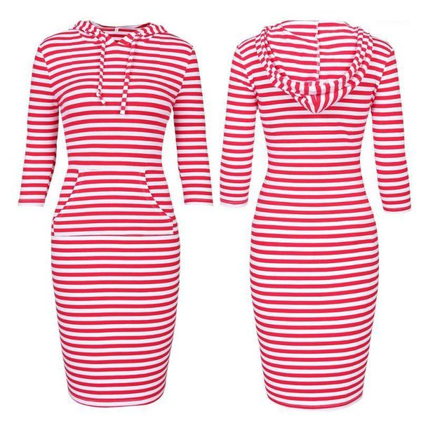

spring autumn striped sweatshirt long-sleeve hooded dress women clothing collar pocket simple casual slim ladies pencil dresses1, Black;gray