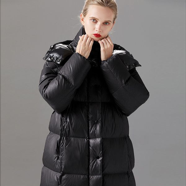 

2021 new winter windproof sleeve 90 white duck down women hooded warm long coat feminino ztth, Black