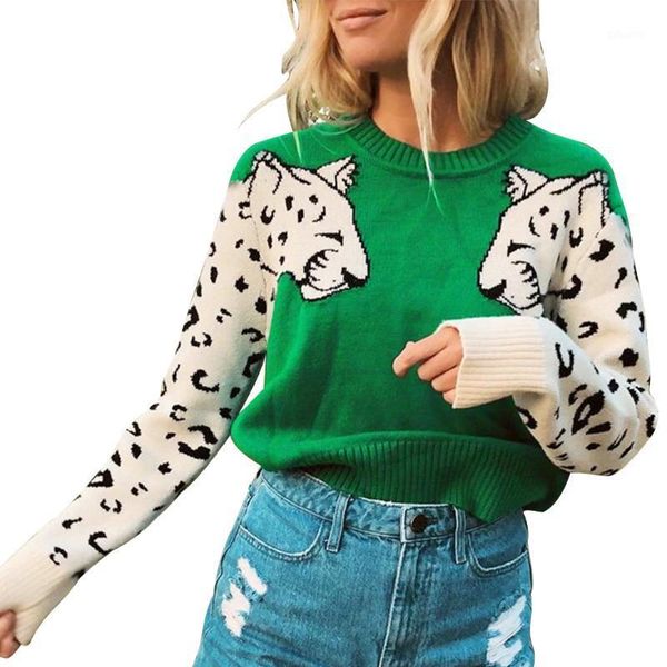 

long sleeves outwear crop contrast color cotton blend casual leopard print soft fashion round neck daily wear women sweater1, White;black