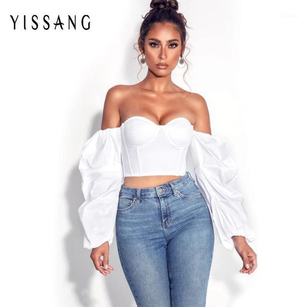 

yissang boned 2021 autumn womens and white long puff sleeve shirts peplum shoulder blouse club wear lady elegant shirt1