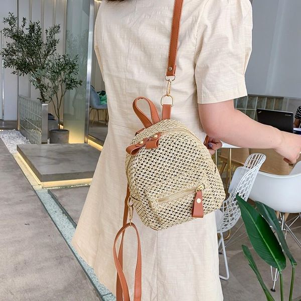 

female pu straw rattan backpack handmade backpack teenager girls fashion travel purse bags 2020 summer small casual backpacks