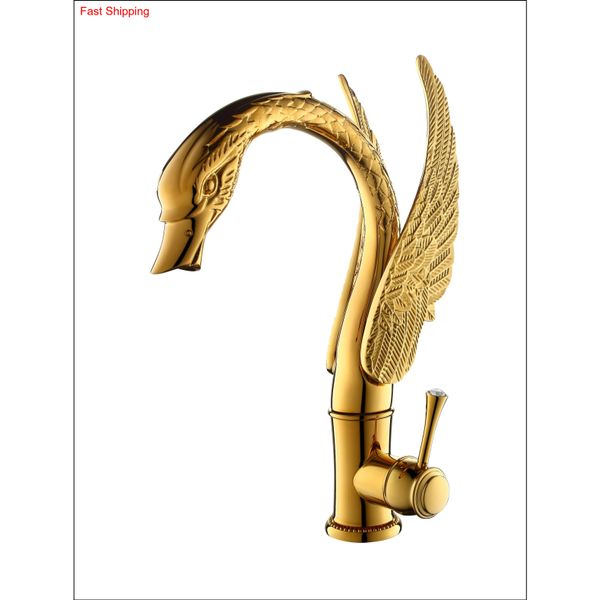

pvd gold color bathroom basin vessel sink swan tall mixer faucet crystal handle deck mounted single hole nlgzz