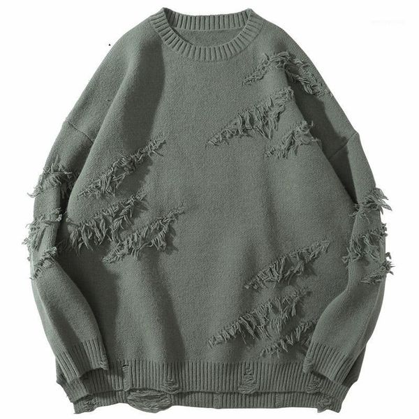 

men's sweaters hip hop streetwear knitted sweater 2021 men vintage retro plain ripped pullover cotton harajuku casual loose1, White;black