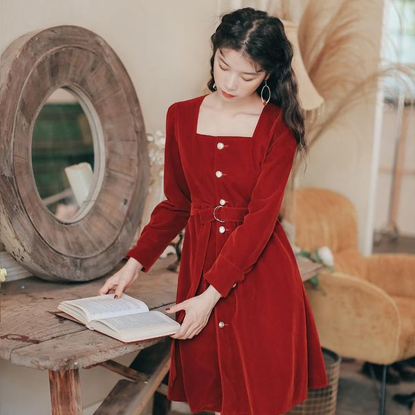 

casual dresses coigarsam full sleeve women dress wool square collar hair red add black velvet 828, Black;gray