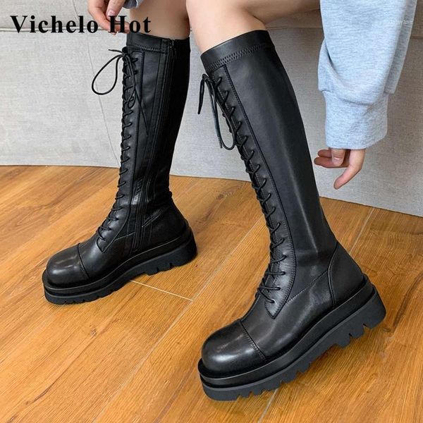 

vichelo 2021 new genuine leather round toe thick bottom motorcycle boots handsome young lady streetwear knee-high boots l081, Black