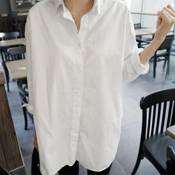 

2020 autumn spring women's long blouse plus size solid white shirts turn down collar long sleeve office ladies casual ladies