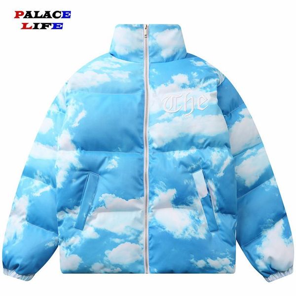 

men hip hop jacket parka sky clouds print embroidery windbreaker harajuku padded jacket coat winter warm outwear thick zipper, Black