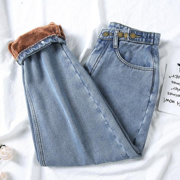 

women fleece jeans fashion high waist warm thickening denim straight pants solid loose jean pants new streetpants p92301, Blue